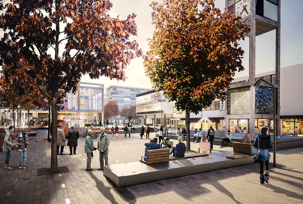Stevenage – a depiction of what the new Town Square will look like as part of MACE SG1 development
