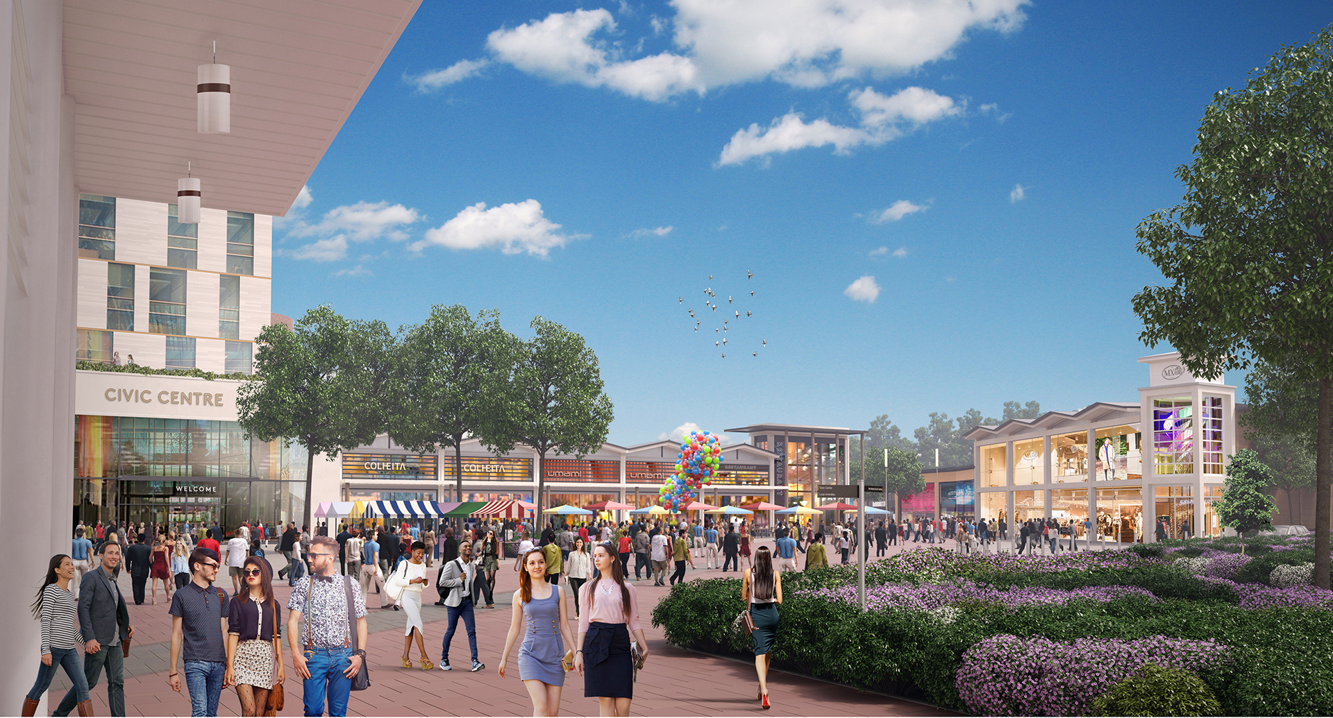 Ground level CGI of people at Brookfield Riverside, Broxbourne