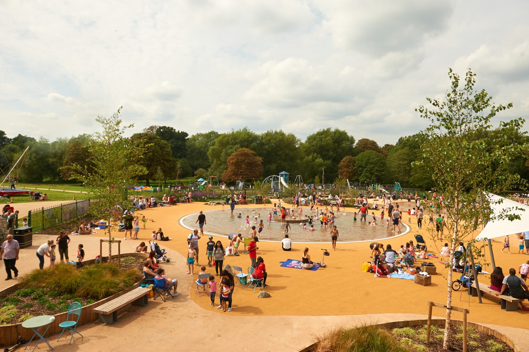 Elevated shot of busy Cassiobury Park, Watford (CGI)