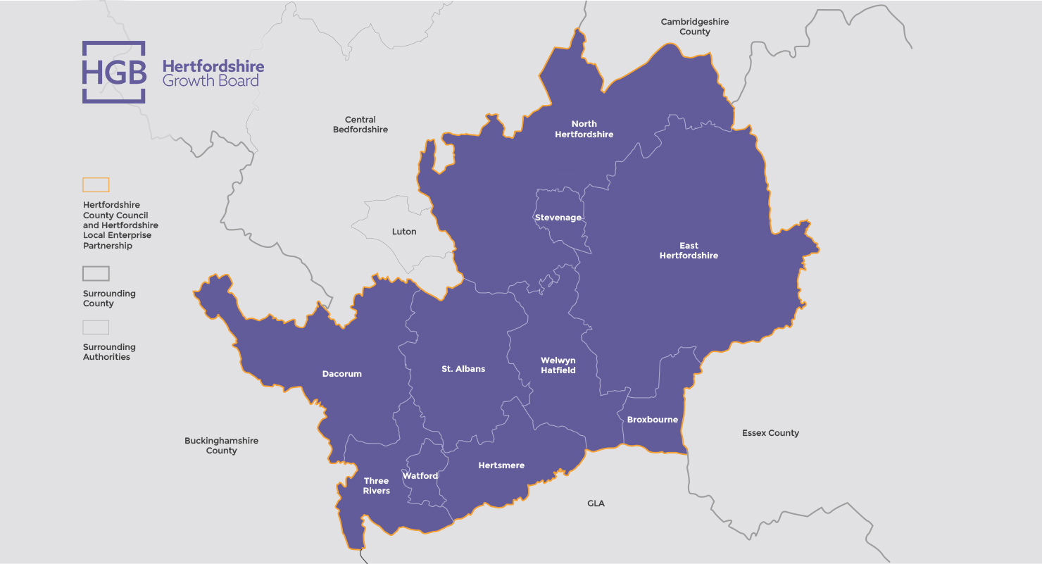 Map of Hertfordshire and surrounding areas showing all Boroughs part of the HGB